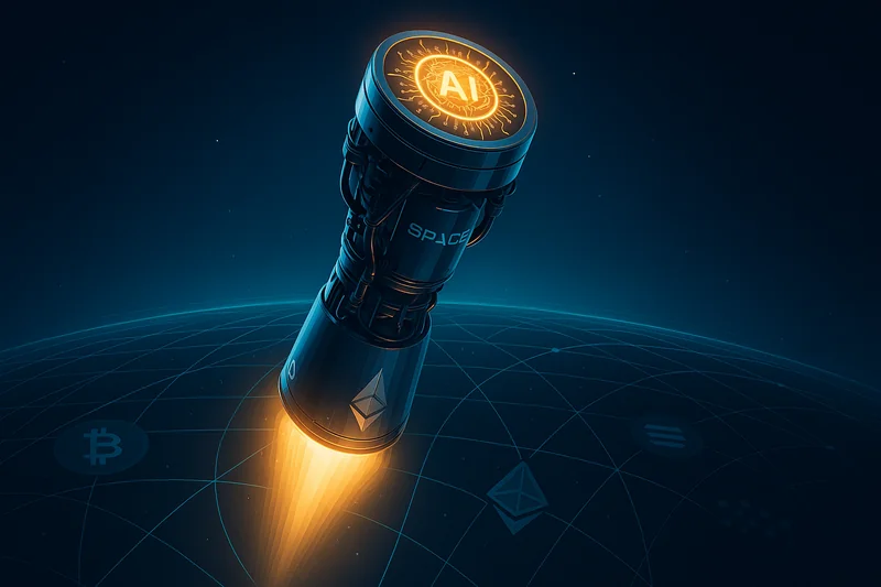 Futuristic SpaceX rocket engine glowing as AI core over orbital grid with crypto symbols