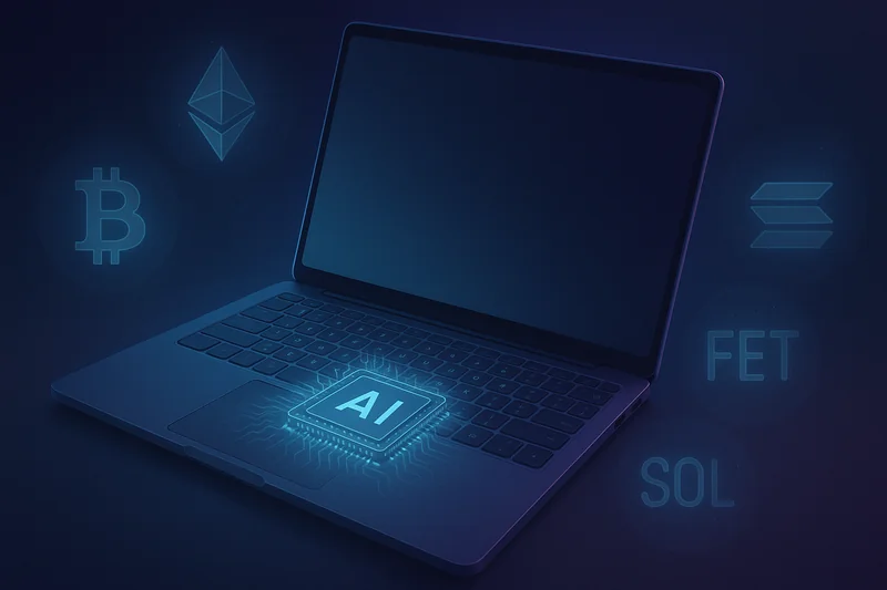 Futuristic laptop with glowing AI chip and floating crypto symbols BTC ETH SOL FET