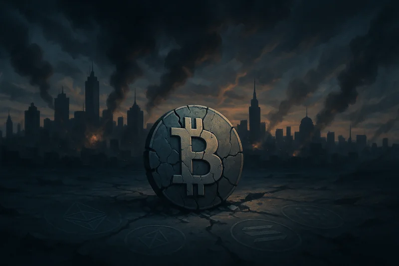 Fragmented Bitcoin coin under smoky turbulent urban sky symbolizing risk aversion
