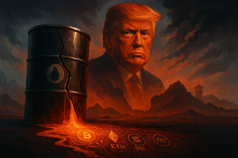 Digital illustration of cracked oil barrel with Trump silhouette and crypto symbols