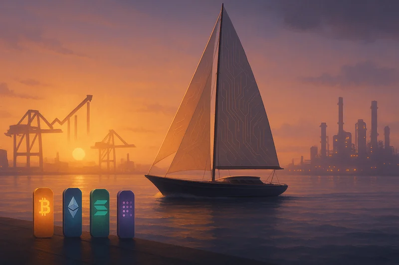 Sailboat with glowing crypto totems sails calm harbor at dawn symbolizing monetary détente