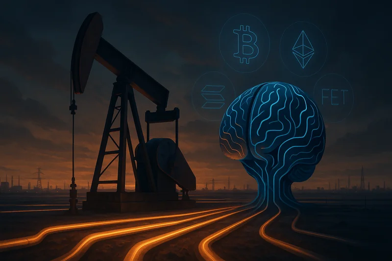 Oil pumpjack and AI brain sculpture with crypto symbols in industrial dusk landscape