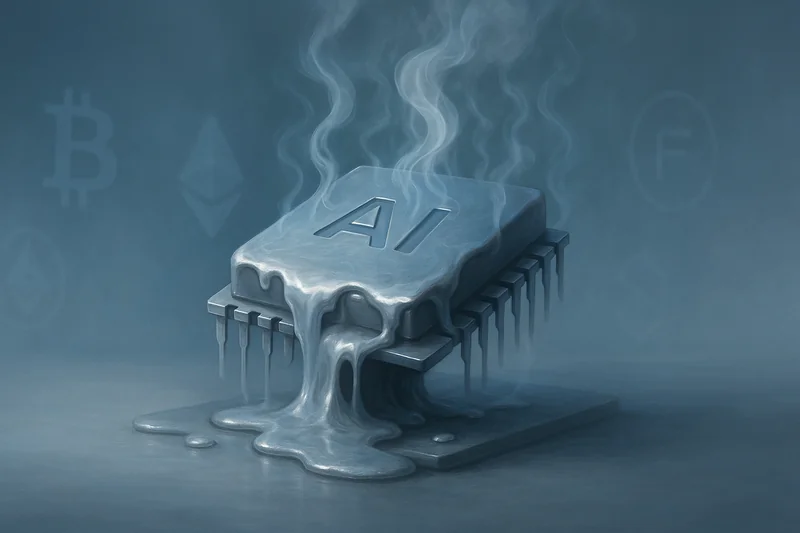 Melting futuristic chip sculpture symbolizing AI semiconductor stock downturn