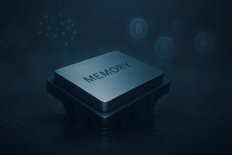 Sinking memory chip with fading AI holograms and drifting crypto orbs