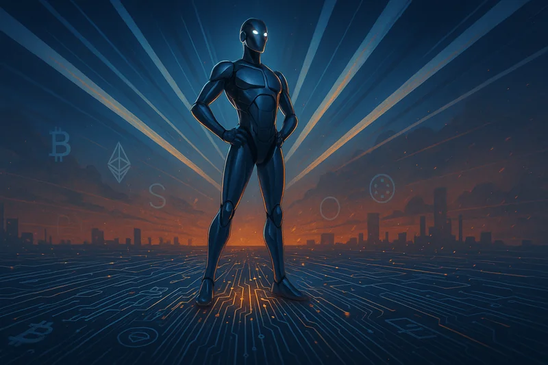Futuristic AI figure over circuit cityscape with subtle crypto symbols in dusk light