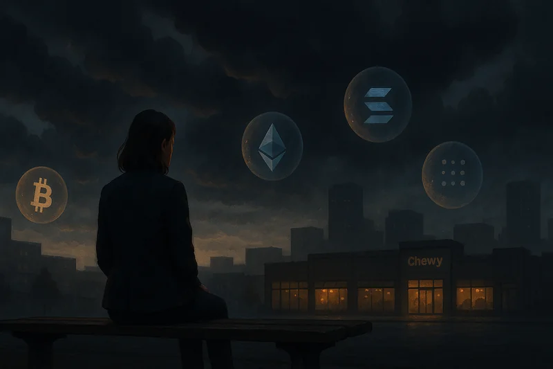 Investor reflecting amid stormy cityscape and glowing crypto orbs illustrating market pressure