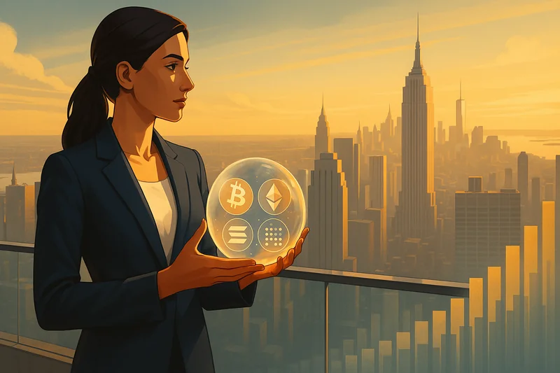 Financial analyst with glowing crypto orb over New York skyline at sunrise