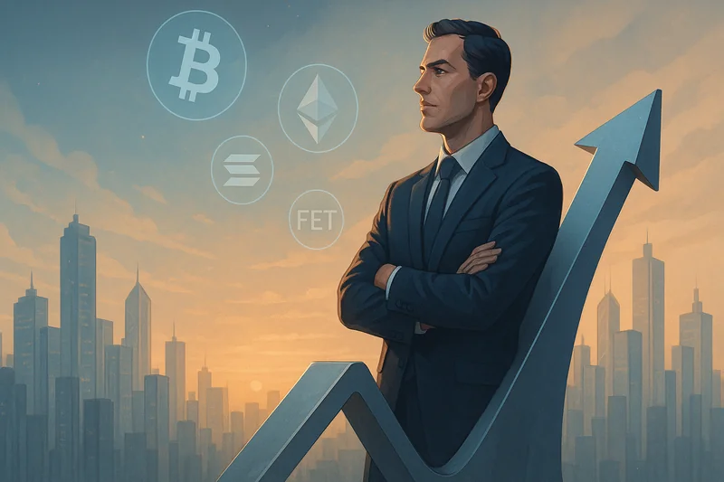 Wall Street analyst overlooking a rising S&P 500 with crypto holograms at dawn