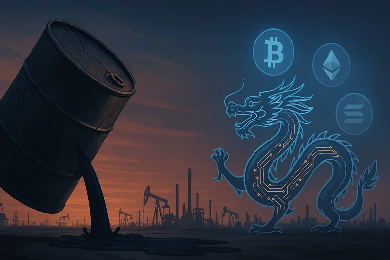 Cracked oil barrel leaking blue liquid with Chinese dragon and floating crypto symbols