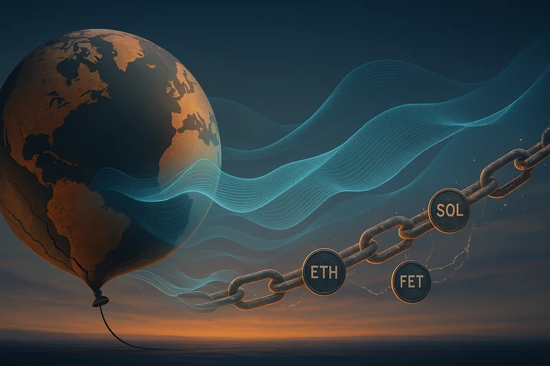 A deflating energy globe surrounded by digital tech and blockchain motifs