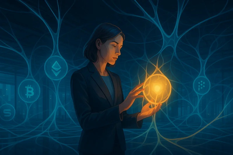 Businesswoman amid glowing AI nodes symbolizing sector rotation and crypto assets