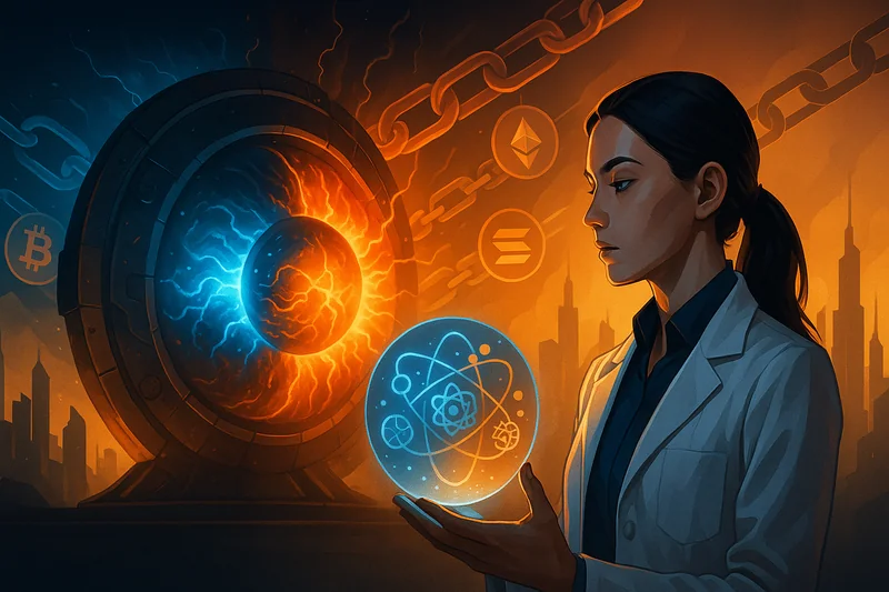 Scientist examines glowing nuclear energy core with subtle AI and crypto elements