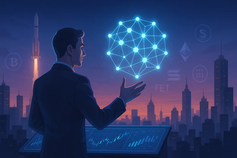 Futuristic analyst overlooking city, AI neural network and SpaceX rocket launching