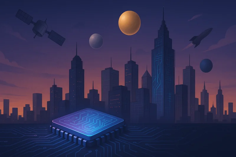 Futuristic semiconductor chip with satellite and crypto spheres symbolizing sector rotation