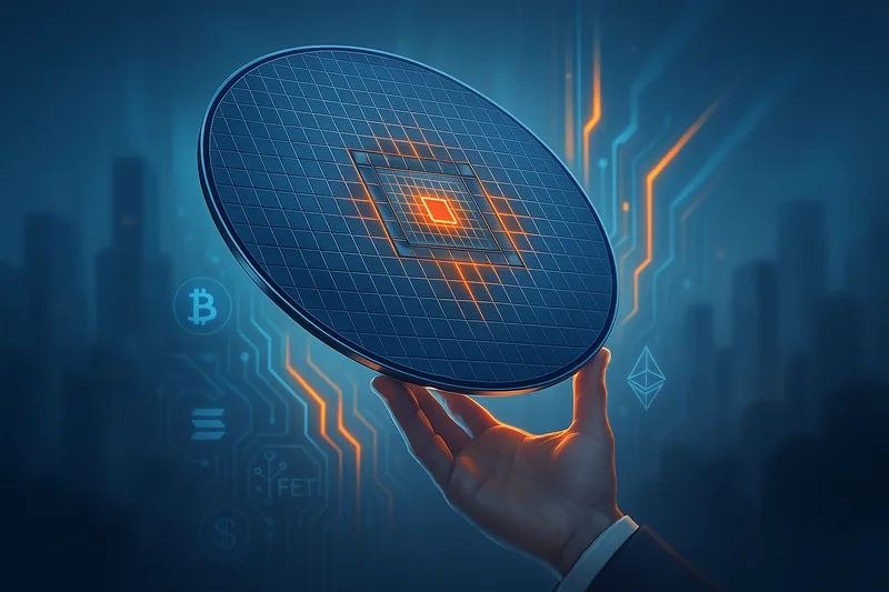 Futuristic semiconductor wafer glowing amid digital AI cityscape with crypto symbols