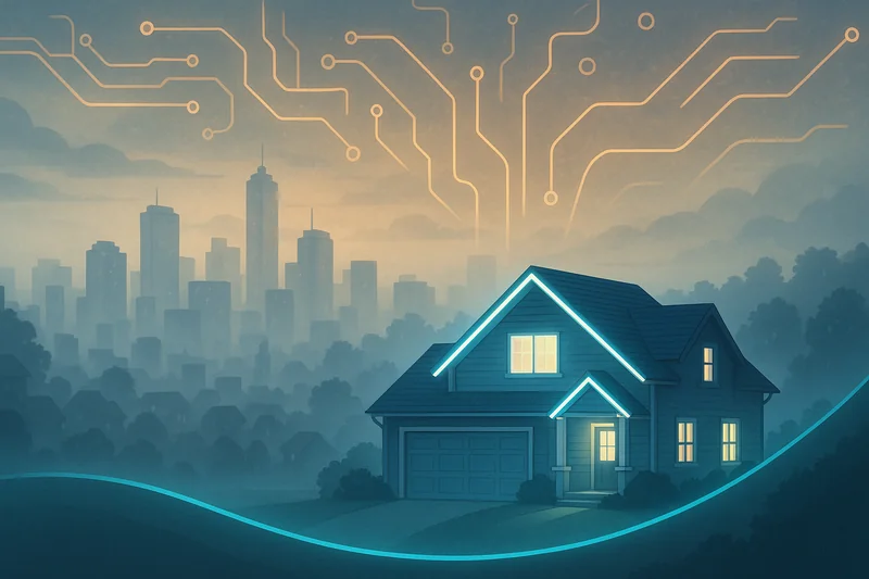 Suburban home glowing with financial energy under abstract tech sky at dawn
