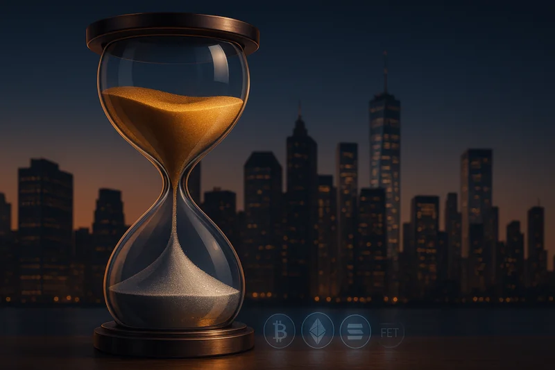 Hourglass with golden and silver sands against city skyline symbolizing fixed and variable rate shifts
