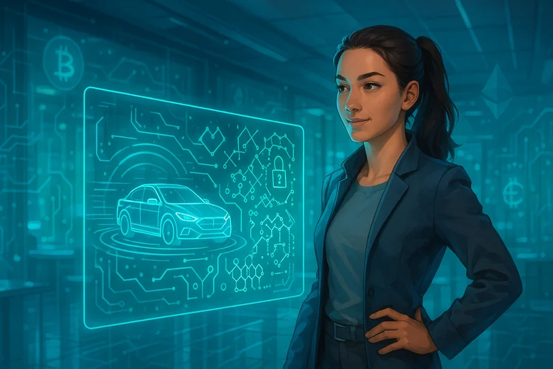 Female engineer in futuristic lab with AI and cybersecurity holograms, BTC and ETH motifs
