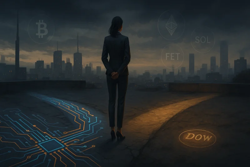 Woman stands at crossroads with city skyline, crypto symbols in mist