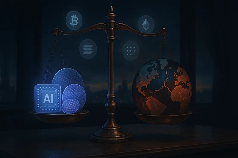 Symbolic balancing scale with AI chips and geopolitical globe under moody light