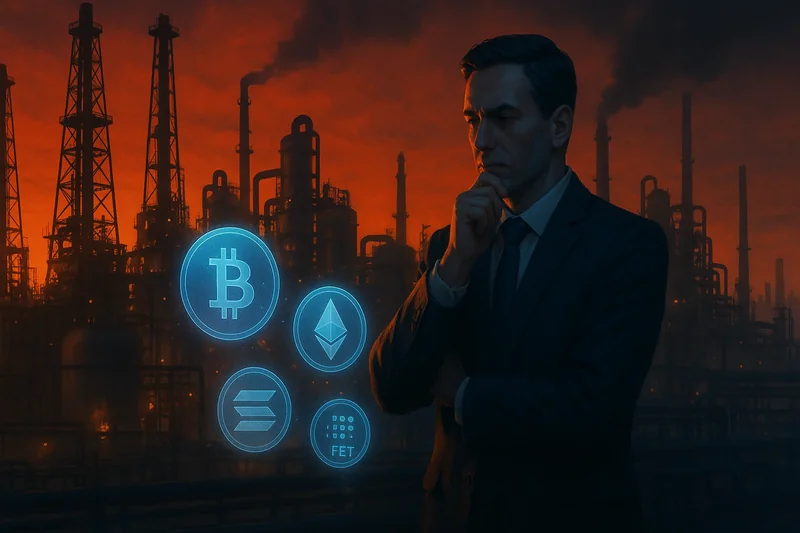 Executive at oil refinery with holographic crypto symbols at sunset