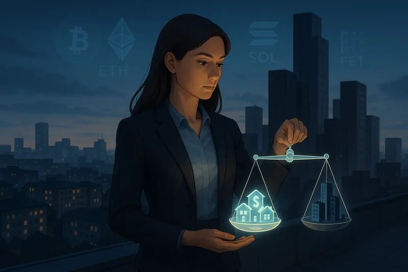 Financial analyst balancing city sectors with crypto holograms at dusk rooftop