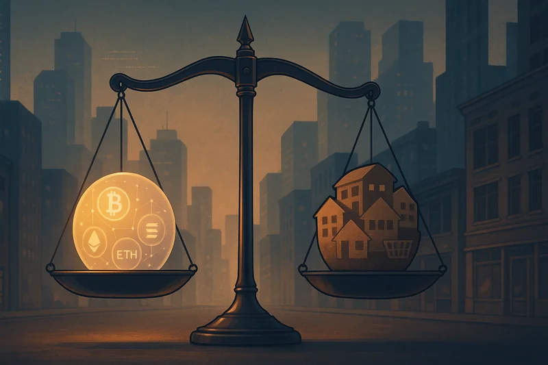 Stylized urban crossroads with symbolic scale balancing crypto and real estate sectors