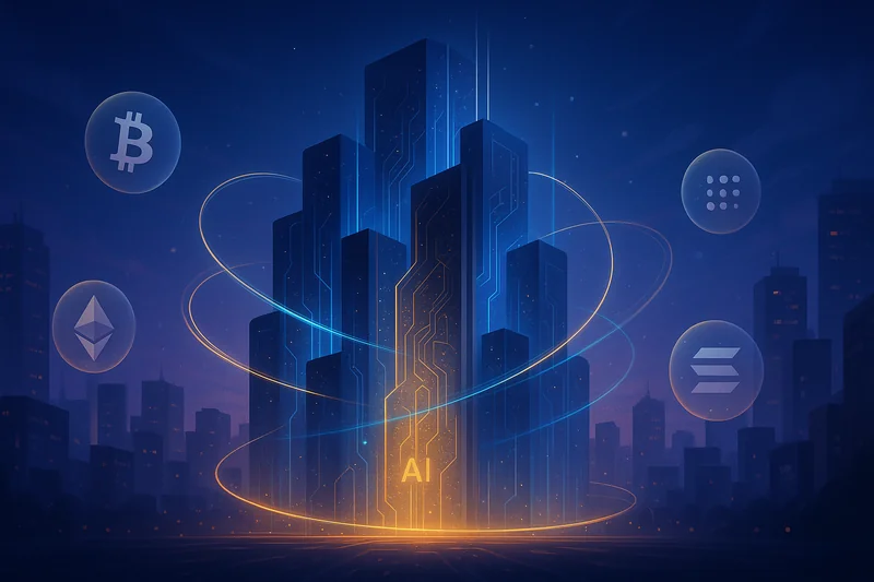 Futuristic AI data center glowing amid symbolic crypto tokens at dusk
