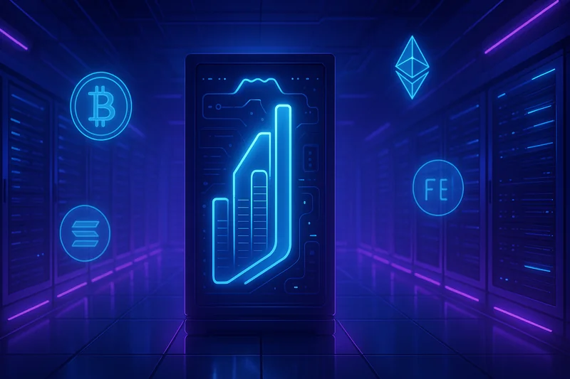 Futuristic glowing AI data center with crypto symbols and dynamic lighting