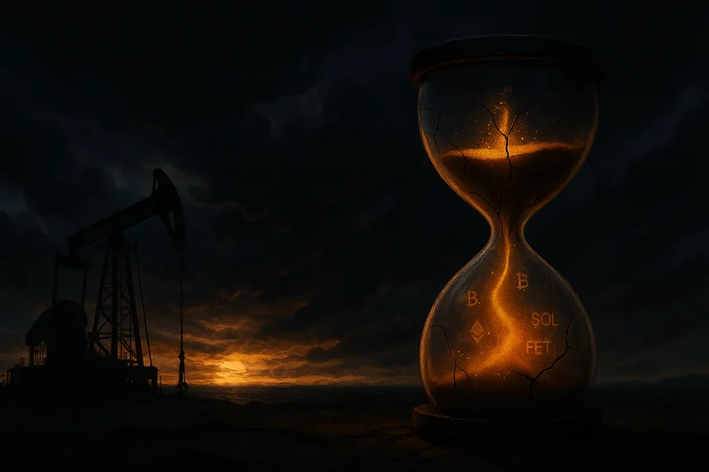 Stormy horizon with oil rig, cracked hourglass, and digital currency symbols