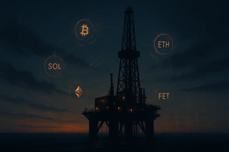 Oil rig at dusk with glowing blockchain nodes orbiting, signifying energy and AI tension