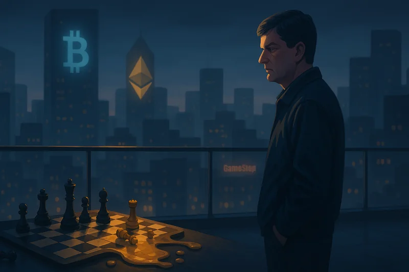 Michael Burry overlooking cityscape with symbolic chessboard and crypto icons