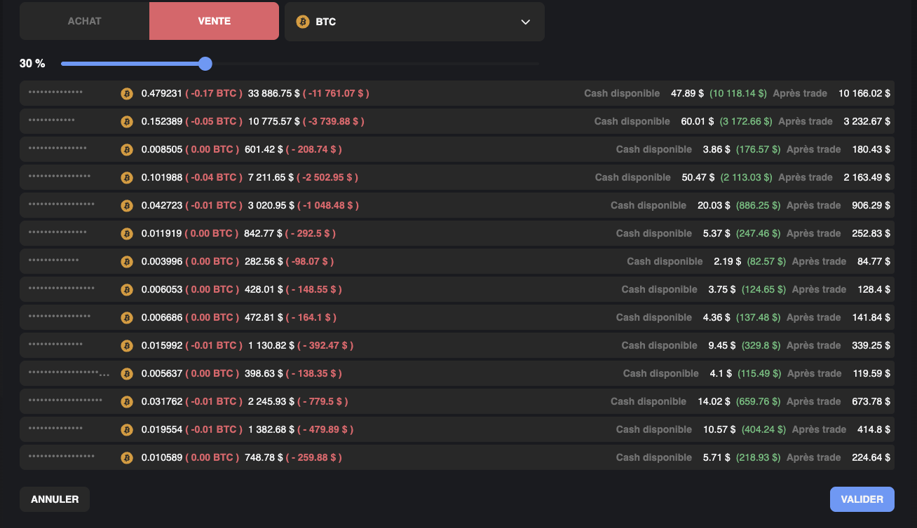 Prévisualisation de l'impact par client avant validation finale du trade.