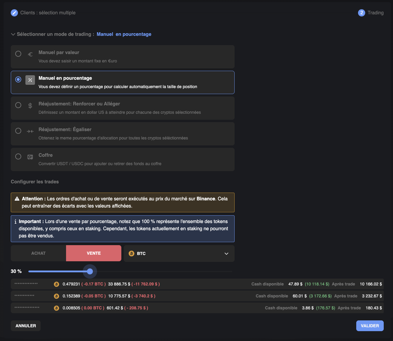 Choix du mode de trading avec configuration encadrée, avertissements et prévisualisation des effets par client.
